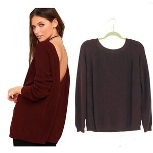 Lulu's Woven Cable Knit Oversize Fit Deep V-Back Sweater Size Small Brown
